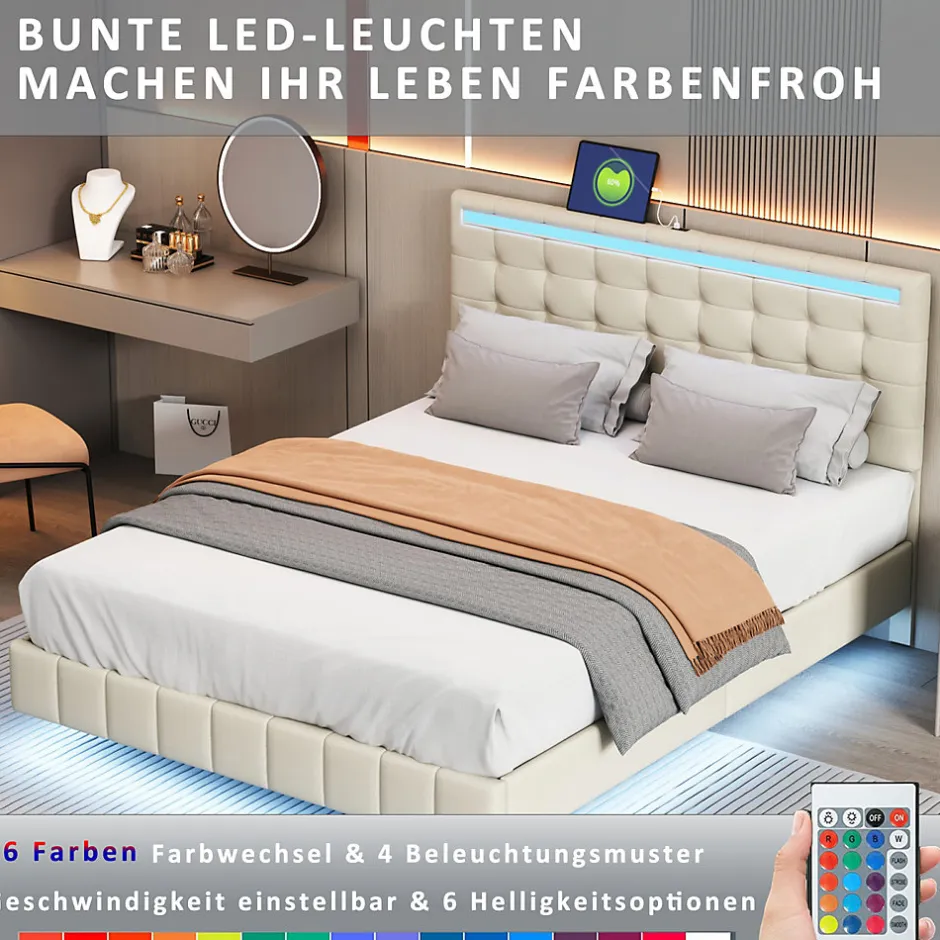 Simple Life Lit double 160 x 200cm avec sommier à lattes, Lit 160 x 200cm avec éclairage LED et USB, cadre de lit en lin, Beige