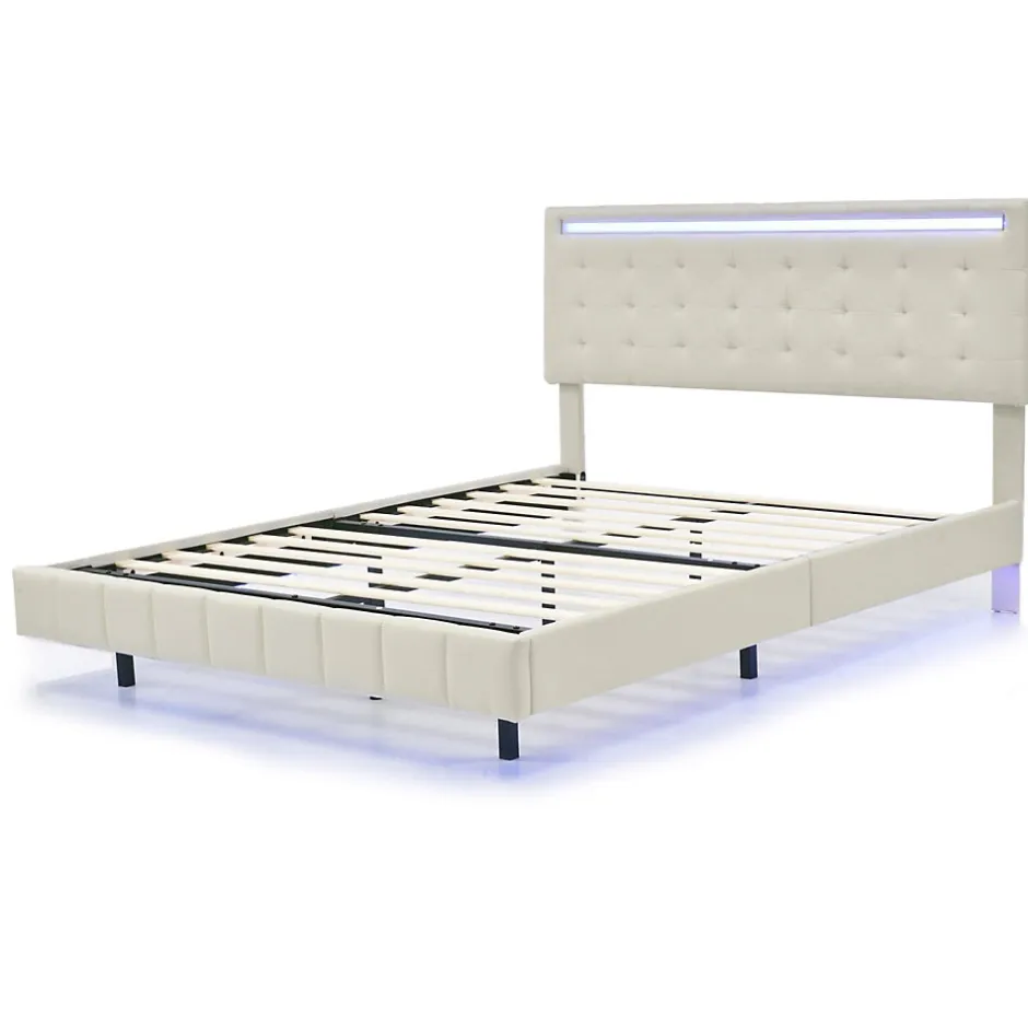 Simple Life Lit double 160 x 200cm avec sommier à lattes, Lit 160 x 200cm avec éclairage LED et USB, cadre de lit en lin, Beige