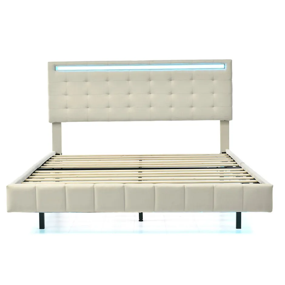Simple Life Lit double 160 x 200cm avec sommier à lattes, Lit 160 x 200cm avec éclairage LED et USB, cadre de lit en lin, Beige