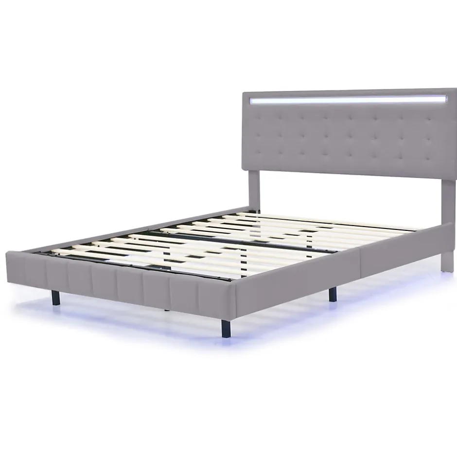 Generique Lit double 140 x 200cm avec sommier à lattes, Lit 140 x 200cm avec éclairage LED et USB, cadre de lit en lin, Gris Online