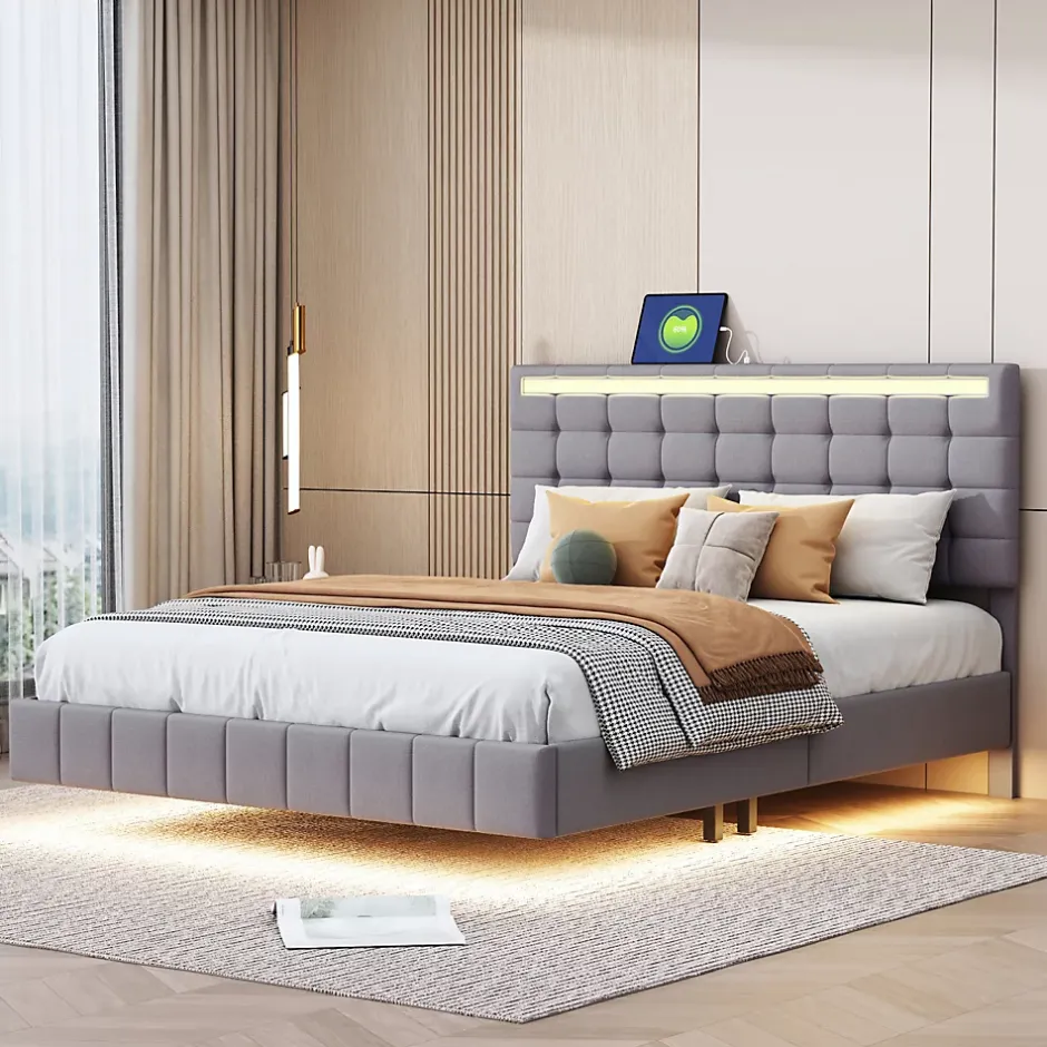ProximaX Lit double 160 x 200cm avec sommier à lattes, Lit 160 x 200cm avec éclairage LED et USB, cadre de lit en lin, Gris Best