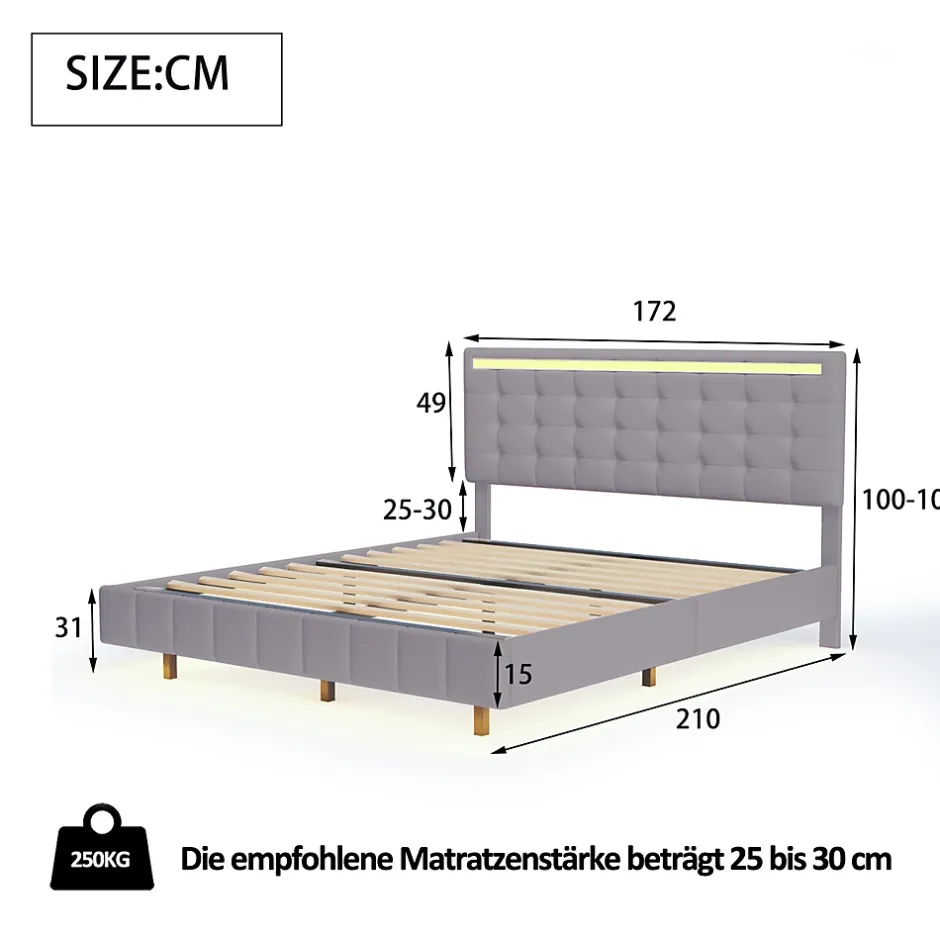 ProximaX Lit double 160 x 200cm avec sommier à lattes, Lit 160 x 200cm avec éclairage LED et USB, cadre de lit en lin, Gris Best