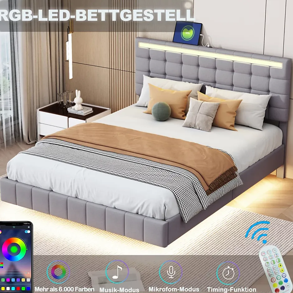 ProximaX Lit double 160 x 200cm avec sommier à lattes, Lit 160 x 200cm avec éclairage LED et USB, cadre de lit en lin, Gris Best