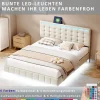 Generique Lit double 160 x 200cm avec sommier à lattes, Lit 160 x 200cm avec éclairage LED et USB, cadre de lit en lin, Beige