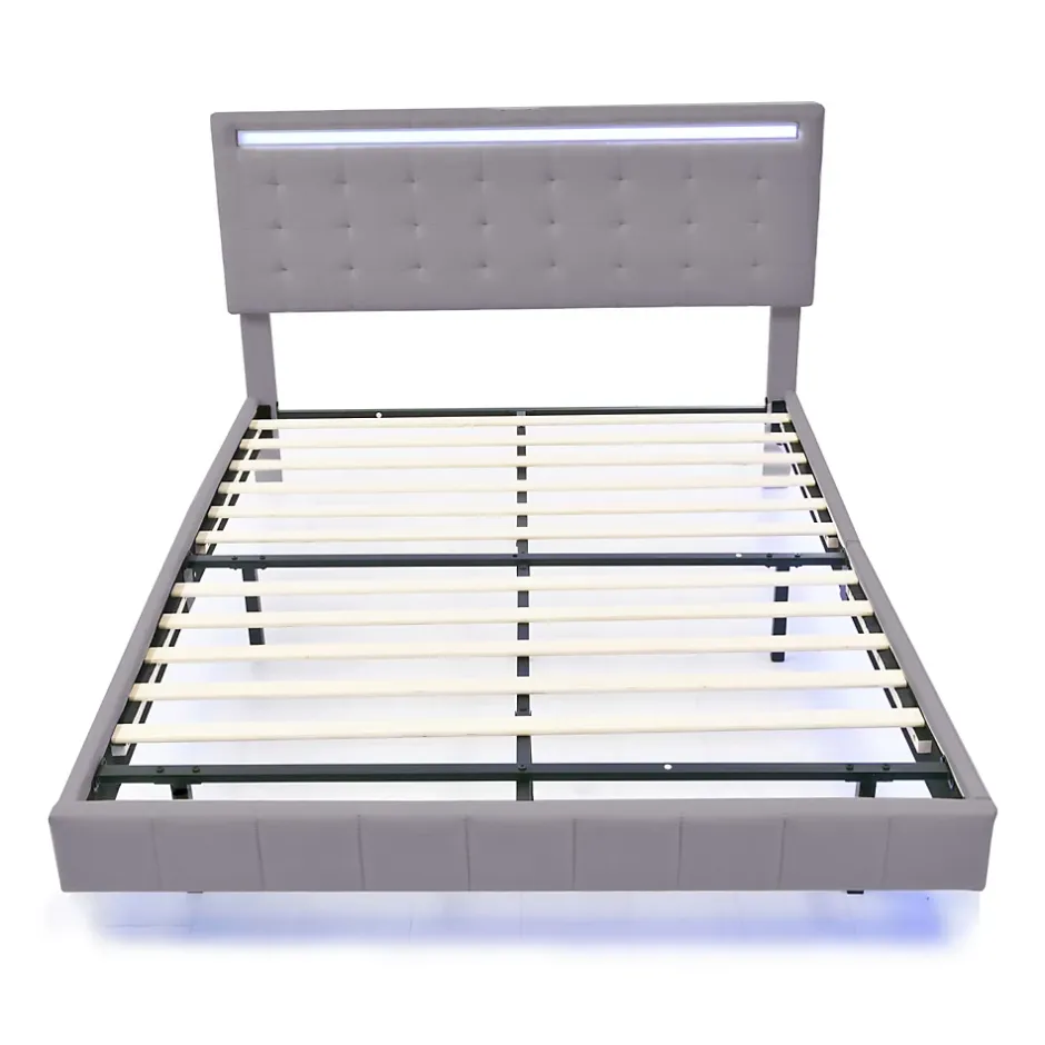 ProximaX Lit double 140 x 200cm avec sommier à lattes, Lit 140 x 200cm avec éclairage LED et USB, cadre de lit en lin, Gris Discount