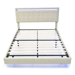 ProximaX Lit double 140 x 200cm avec sommier à lattes, Lit 140 x 200cm avec éclairage LED et USB, cadre de lit en lin, Beige Sale