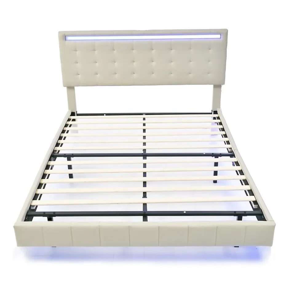 ProximaX Lit double 140 x 200cm avec sommier à lattes, Lit 140 x 200cm avec éclairage LED et USB, cadre de lit en lin, Beige Sale