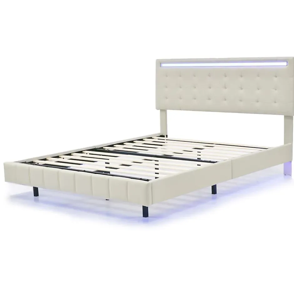 ProximaX Lit double 140 x 200cm avec sommier à lattes, Lit 140 x 200cm avec éclairage LED et USB, cadre de lit en lin, Beige Sale