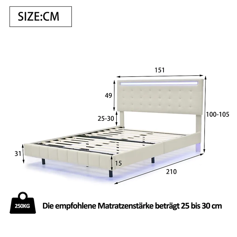 ProximaX Lit double 140 x 200cm avec sommier à lattes, Lit 140 x 200cm avec éclairage LED et USB, cadre de lit en lin, Beige Sale