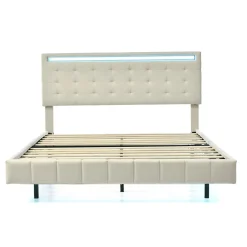 ProximaX Lit double 140 x 200cm avec sommier à lattes, Lit 140 x 200cm avec éclairage LED et USB, cadre de lit en lin, Beige Sale
