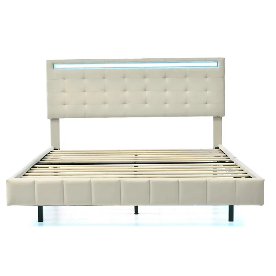 ProximaX Lit double 140 x 200cm avec sommier à lattes, Lit 140 x 200cm avec éclairage LED et USB, cadre de lit en lin, Beige Sale