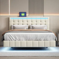 ProximaX Lit double 160 x 200cm avec sommier à lattes, Lit 160 x 200cm avec éclairage LED et USB, cadre de lit en lin, Beige