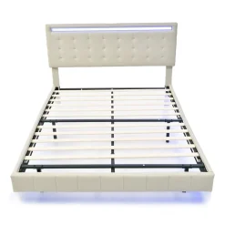 ProximaX Lit double 160 x 200cm avec sommier à lattes, Lit 160 x 200cm avec éclairage LED et USB, cadre de lit en lin, Beige