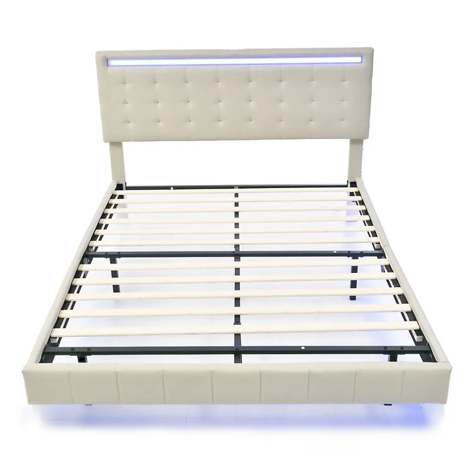 ProximaX Lit double 160 x 200cm avec sommier à lattes, Lit 160 x 200cm avec éclairage LED et USB, cadre de lit en lin, Beige