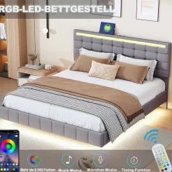 Generique Lit double 160 x 200cm avec sommier à lattes, Lit 160 x 200cm avec éclairage LED et USB, cadre de lit en lin, Gris