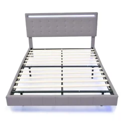 Generique Lit double 160 x 200cm avec sommier à lattes, Lit 160 x 200cm avec éclairage LED et USB, cadre de lit en lin, Gris