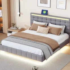 Generique Lit double 160 x 200cm avec sommier à lattes, Lit 160 x 200cm avec éclairage LED et USB, cadre de lit en lin, Gris