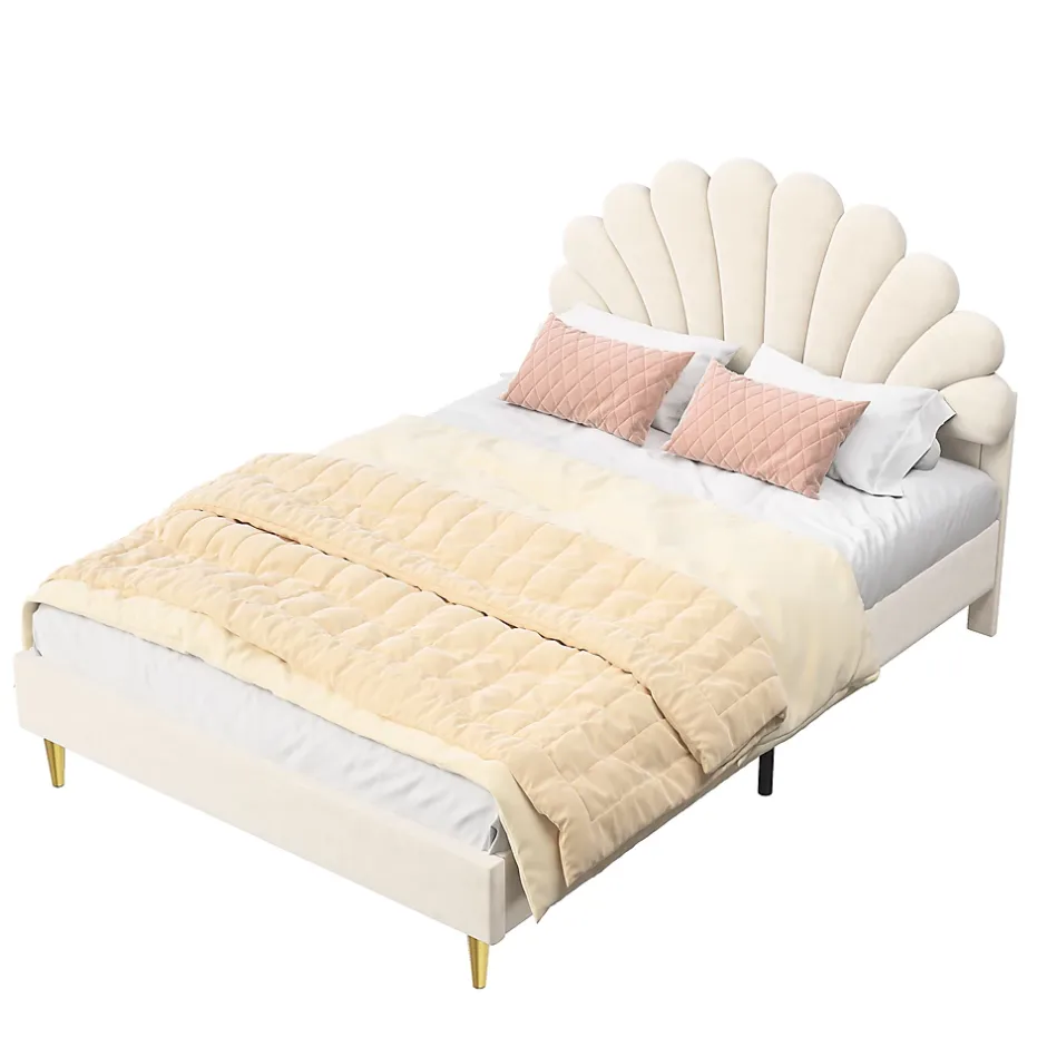 Generique Lit double 140 x 200,lit 140 x 200,lit rembourré,lit adulte avec tête de lit en forme de fleur,beige Hot