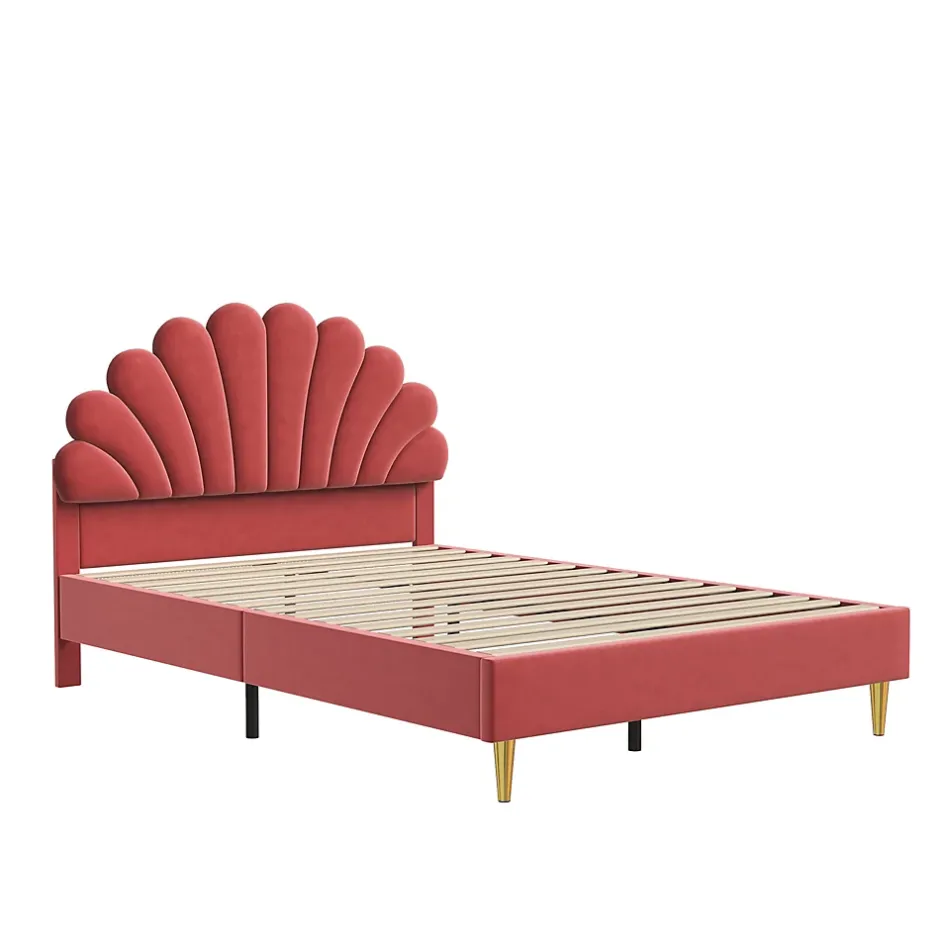 Generique Lit double 140 x 200,lit 140 x 200,lit rembourré,lit adulte avec tête de lit en forme de fleur,beige Hot