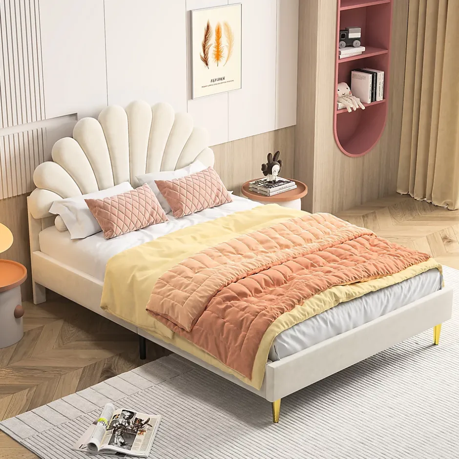 Generique Lit double 140 x 200,lit 140 x 200,lit rembourré,lit adulte avec tête de lit en forme de fleur,beige Hot