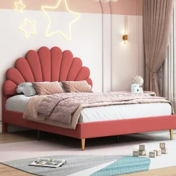 Generique Lit double 140 x 200,lit 140 x 200,lit rembourré,lit adulte avec tête de lit en forme de fleur,beige Hot