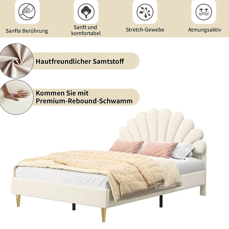 Generique Lit double 140 x 200,lit 140 x 200,lit rembourré,lit adulte avec tête de lit en forme de fleur,beige Hot