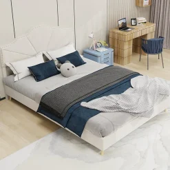 Okwish Lit Double Ado 140x200 cm - Lit Capitonné Bas Moderne et Confortable, Sans Vérin, Sans Matelas, Tissu Beige