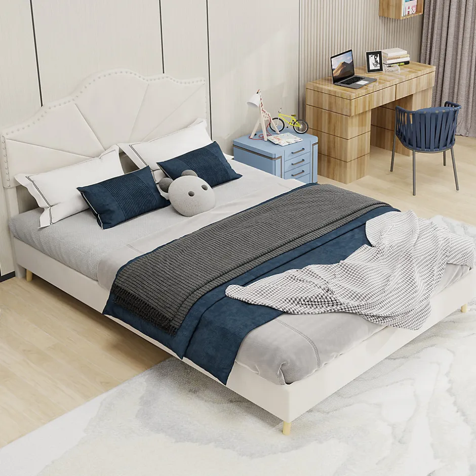 Okwish Lit Double Ado 140x200 cm - Lit Capitonné Bas Moderne et Confortable, Sans Vérin, Sans Matelas, Tissu Beige