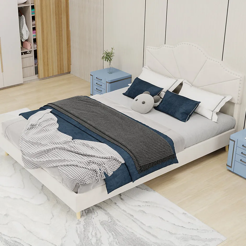 Okwish Lit Double Ado 140x200 cm - Lit Capitonné Bas Moderne et Confortable, Sans Vérin, Sans Matelas, Tissu Beige
