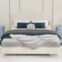 Okwish Lit Double Ado 140x200 cm - Lit Capitonné Bas Moderne et Confortable, Sans Vérin, Sans Matelas, Tissu Beige