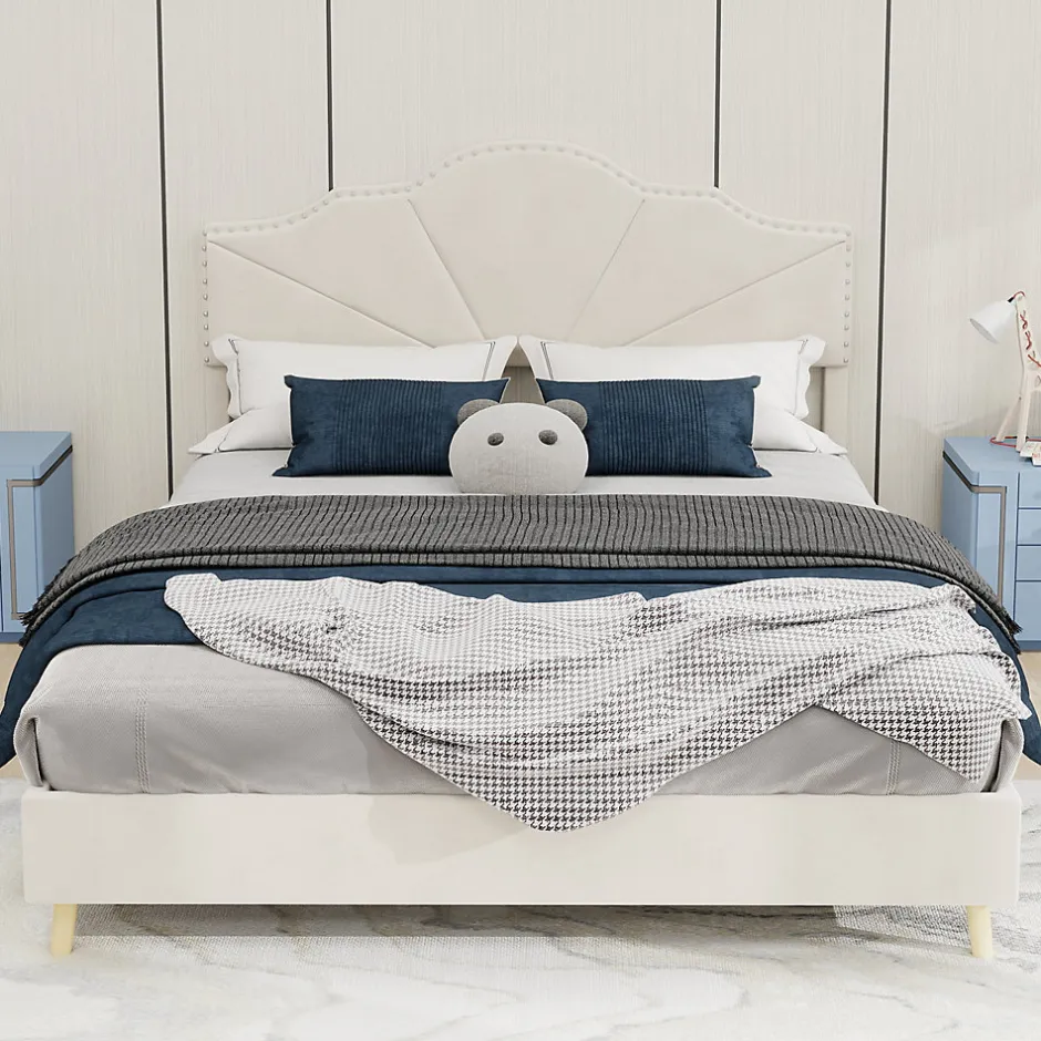 Okwish Lit Double Ado 140x200 cm - Lit Capitonné Bas Moderne et Confortable, Sans Vérin, Sans Matelas, Tissu Beige