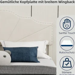 Okwish Lit Double Ado 140x200 cm - Lit Capitonné Bas Moderne et Confortable, Sans Vérin, Sans Matelas, Tissu Beige