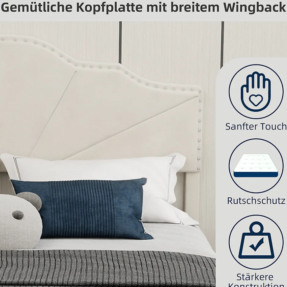 Okwish Lit Double Ado 140x200 cm - Lit Capitonné Bas Moderne et Confortable, Sans Vérin, Sans Matelas, Tissu Beige