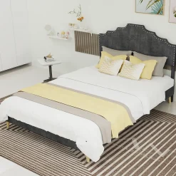 Okwish Lit Double Ado 140x200 cm - Lit Bas Capitonné, Sans Vérin et Sans Matelas, Moderne et Confortable, Tissu Gris Sale