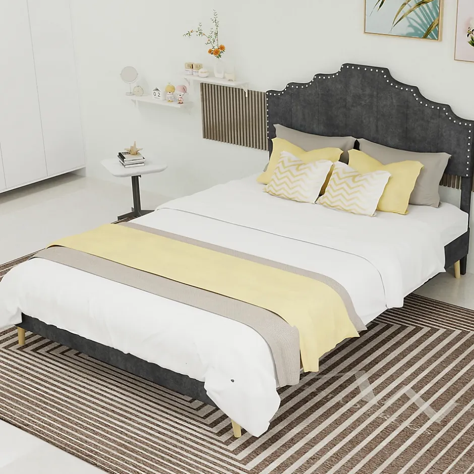 Okwish Lit Double Ado 140x200 cm - Lit Bas Capitonné, Sans Vérin et Sans Matelas, Moderne et Confortable, Tissu Gris Sale