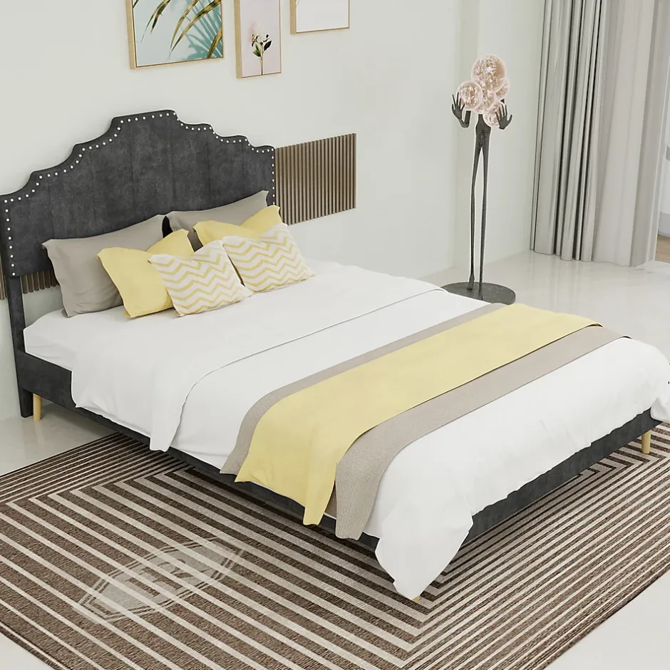 Okwish Lit Double Ado 140x200 cm - Lit Bas Capitonné, Sans Vérin et Sans Matelas, Moderne et Confortable, Tissu Gris Sale