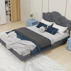 Okwish Lit Double Ado 140x200 cm - Lit Capitonné Bas Moderne et Confortable, Sans Vérin, Sans Matelas, Tissu Gris