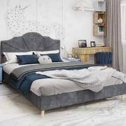 Okwish Lit Double Ado 140x200 cm - Lit Capitonné Bas Moderne et Confortable, Sans Vérin, Sans Matelas, Tissu Gris