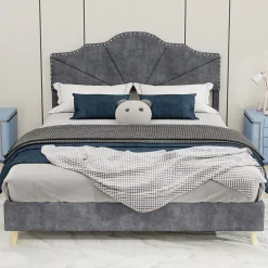 Okwish Lit Double Ado 140x200 cm - Lit Capitonné Bas Moderne et Confortable, Sans Vérin, Sans Matelas, Tissu Gris