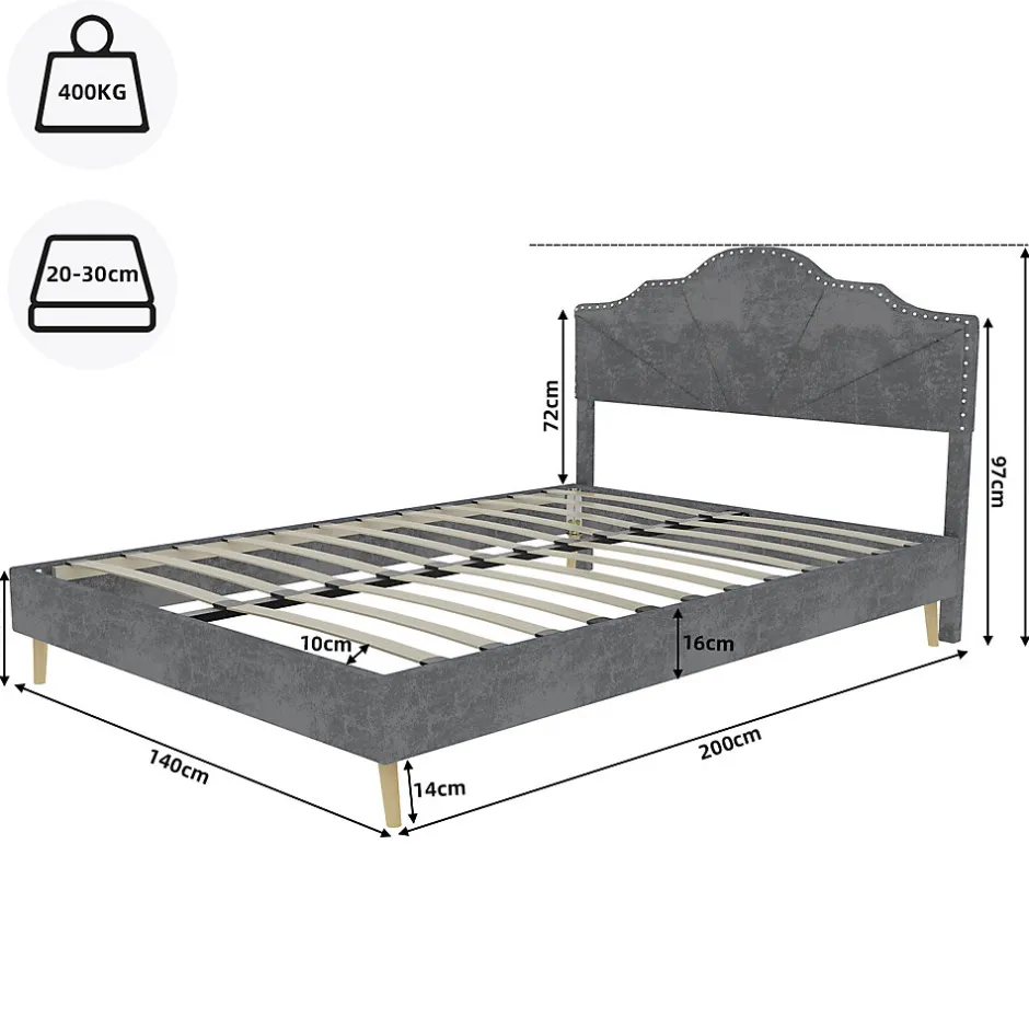 Okwish Lit Double Ado 140x200 cm - Lit Capitonné Bas Moderne et Confortable, Sans Vérin, Sans Matelas, Tissu Gris