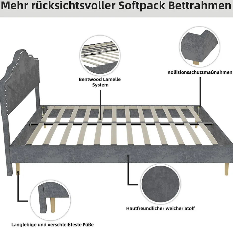Okwish Lit Double Ado 140x200 cm - Lit Capitonné Bas Moderne et Confortable, Sans Vérin, Sans Matelas, Tissu Gris