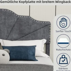 Okwish Lit Double Ado 140x200 cm - Lit Capitonné Bas Moderne et Confortable, Sans Vérin, Sans Matelas, Tissu Gris