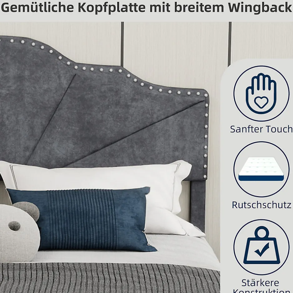 Okwish Lit Double Ado 140x200 cm - Lit Capitonné Bas Moderne et Confortable, Sans Vérin, Sans Matelas, Tissu Gris