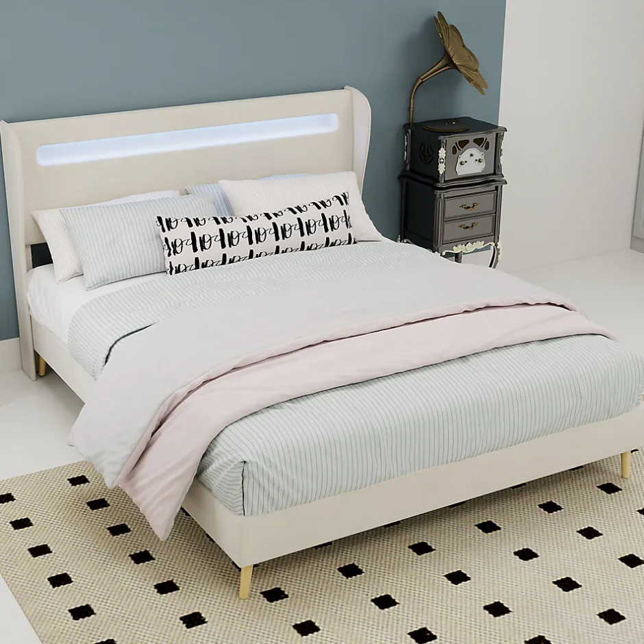 Okwish Lit Double Ado 140x200 cm - Tête de Lit Éclairage LED Doux, Structure Composite Stable en Tissu et Métal, sans Matelas, Beige