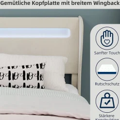 Okwish Lit Double Ado 140x200 cm - Tête de Lit Éclairage LED Doux, Structure Composite Stable en Tissu et Métal, sans Matelas, Beige