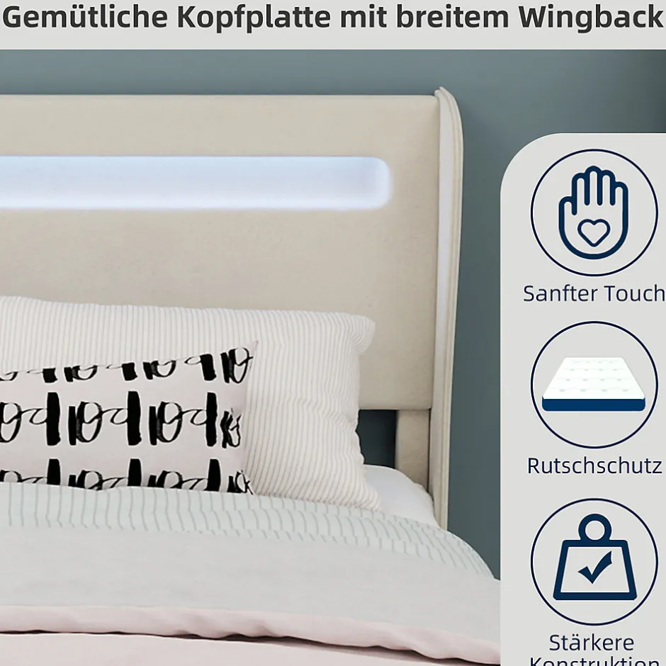 Okwish Lit Double Ado 140x200 cm - Tête de Lit Éclairage LED Doux, Structure Composite Stable en Tissu et Métal, sans Matelas, Beige