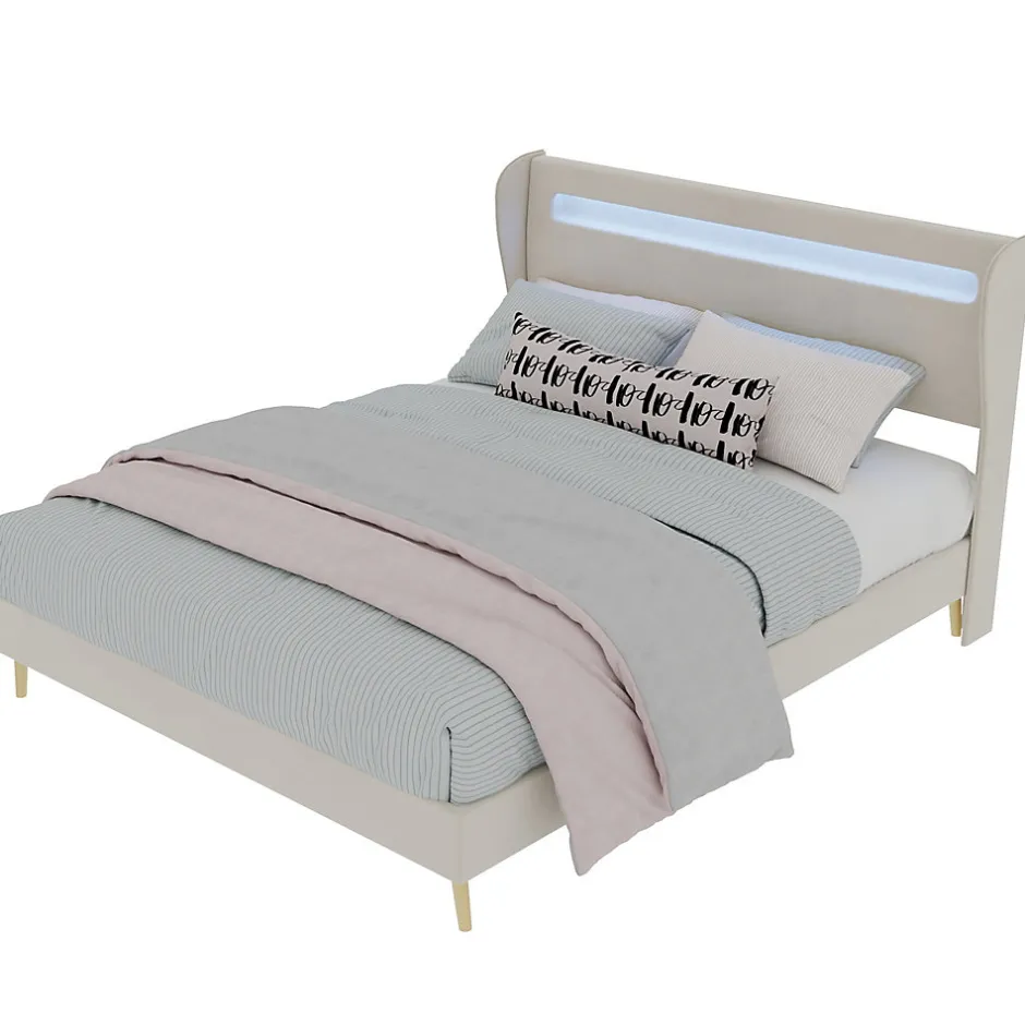 Okwish Lit Double Ado 140x200 cm - Tête de Lit Éclairage LED Doux, Structure Composite Stable en Tissu et Métal, sans Matelas, Beige