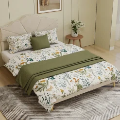 Okwish Lit Double Adulte 160x200 cm - Lit Bas Capitonné Moderne et Confortable, Sans Vérin, Sans Matelas, Tissu Beige