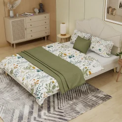 Okwish Lit Double Adulte 160x200 cm - Lit Bas Capitonné Moderne et Confortable, Sans Vérin, Sans Matelas, Tissu Beige