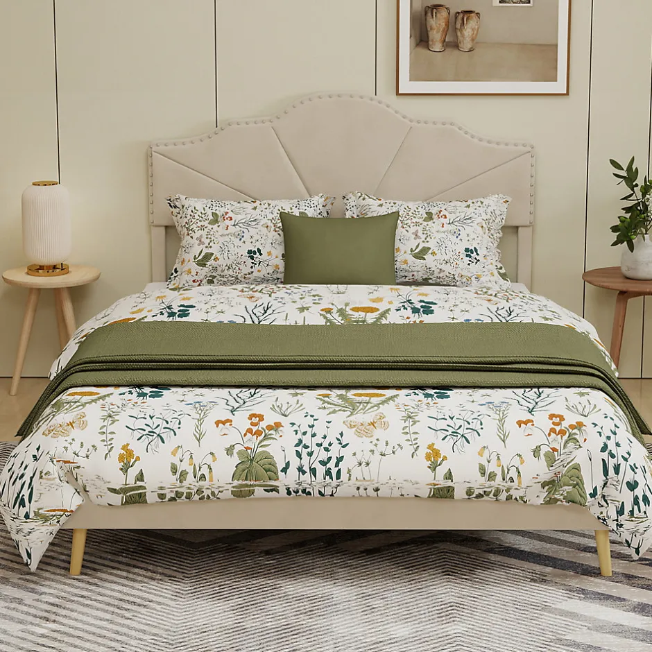 Okwish Lit Double Adulte 160x200 cm - Lit Bas Capitonné Moderne et Confortable, Sans Vérin, Sans Matelas, Tissu Beige